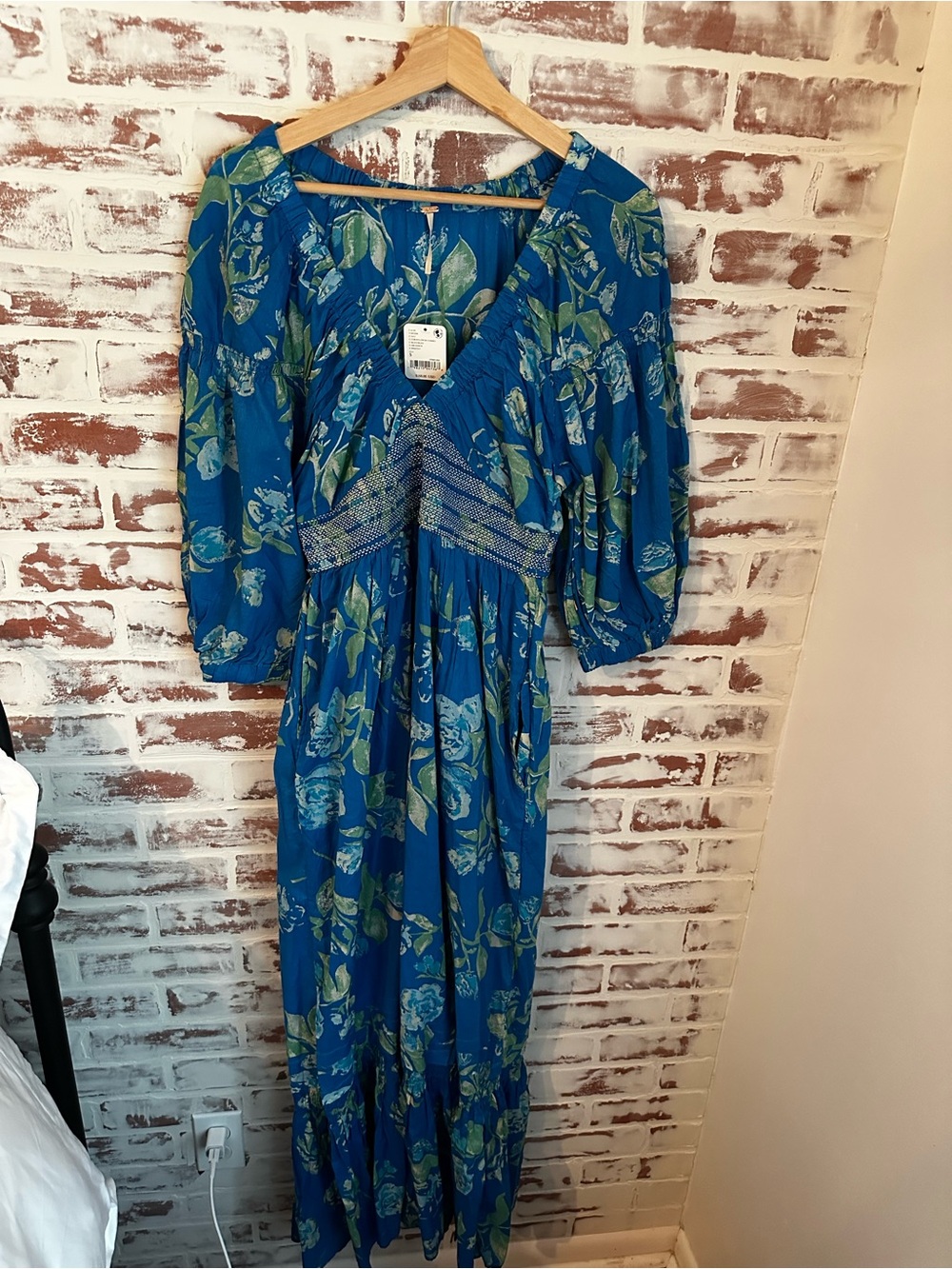 Free People Blue Floral V‑Neck Smocked Waist Maxi Dress